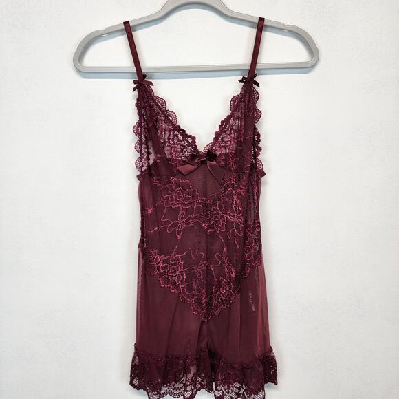 Oh la Cheri Babydoll Chemise Size M Unlined Lace Mesh Wireless Bow Deep Purple - Picture 1 of 9